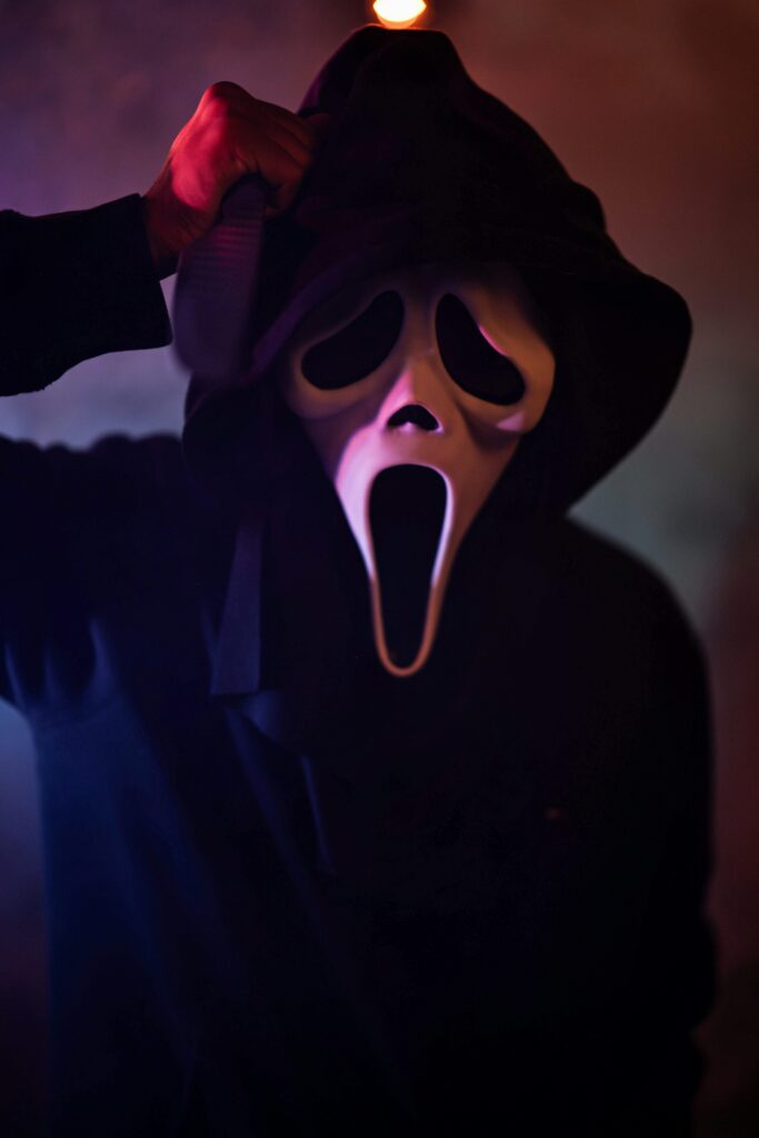 Person Posing in a Hood and Scream Mask